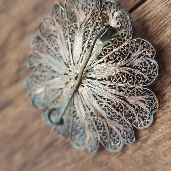 Antique sterling silver layer lace flower‎ brooch RARE B125 - Picture 4 of 5